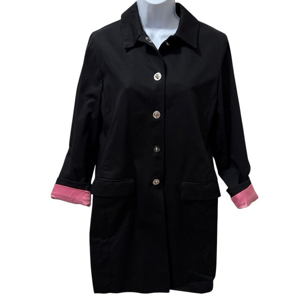 Jones New York Signature Black Cotton Coat Pink Satin Lining Size 6 Y2K Jacket